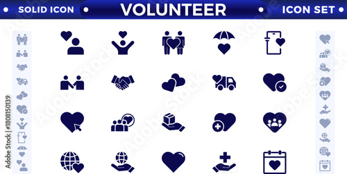  Volunteer solid icon set. Charity and Volunteering solid style of philanthropic icons: almsgiving, helping those in need, donation, contribution, humanism, altruism 