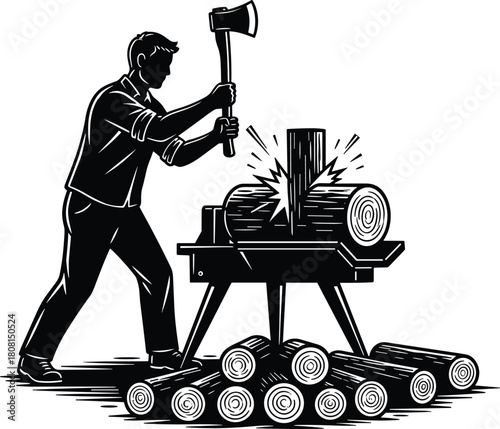Silhouette woodcutter chopping firewood with axe on log splitter, rugged lumberjack working outdoors, vintage engraving style vector illustration for forestry and labor themes