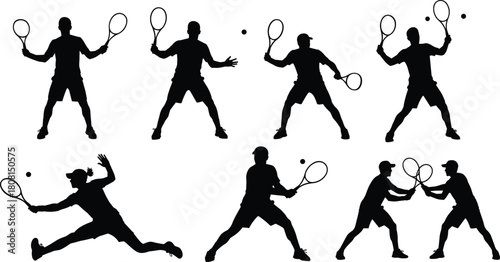 Silhouettes of tennis players in dynamic action poses with rackets and balls, detailed sports vector illustration showing movement, competition and athletic performance