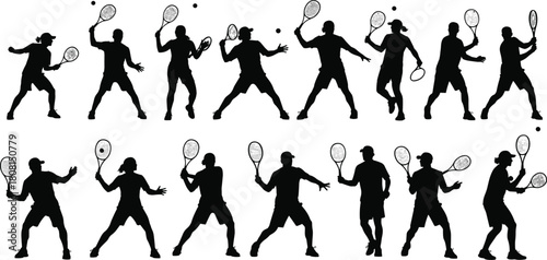 Silhouettes of tennis players performing dynamic shots with rackets and balls, detailed vector illustration for sports action poses and athletic movement design

(24 words)
