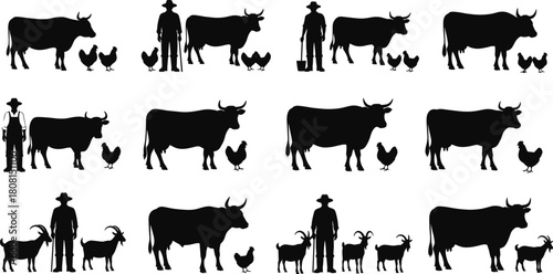 Collection of black silhouettes showing farmers standing with cows, goats and chickens, isolated on white background, vector illustration for agriculture farming design