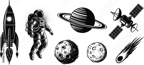 Space exploration vector illustration set featuring astronaut, rocket, planets, moons, satellite, and comet in black retro style for science, education, technology, and astronomy content