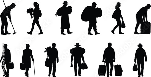 Collection of black silhouettes showing people traveling with luggage, carrying heavy loads, and shopping, isolated on white background, vector illustration for lifestyle design