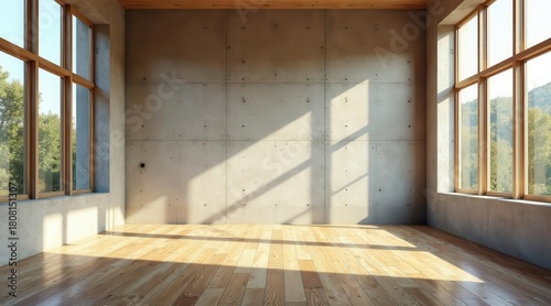 Sunlit Empty Room with Exposed Concrete Walls and Hardwood Floor Ideal for Modern Minimalist Design Projects