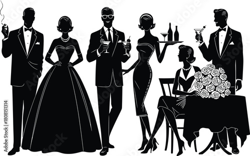 Elegant group of retro silhouettes including men in tuxedos and women in gowns drinking cocktails, isolated on white background, luxury party vector illustration
