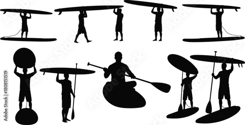 Stand up paddleboarding silhouettes showing multiple poses, active paddlers, carrying boards, balancing, paddling on water, outdoor sport scene, adventure activity, vector illustration