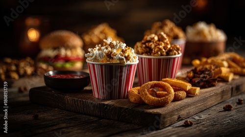 Assortment of savory and sweet fried snacks and confectioneries displayed on a wooden surface