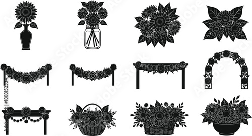 Sunflower floral arrangement silhouette vector set with vases baskets garlands and decorative elements, perfect for farmhouse decor, wedding design, botanical craft projects, rustic themes