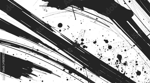 Abstract black ink brush strokes and splatters on