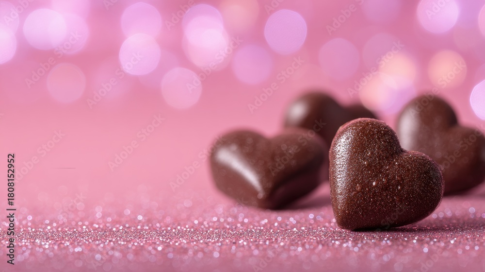 Obraz premium Chocolate Heart-Shaped Candies on Sparkling Pink Glitter Background with Bokeh Effect