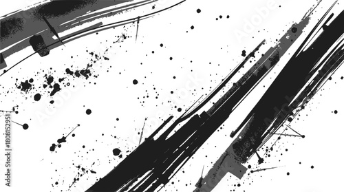 Abstract black ink brush stroke and splatter isolated on