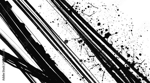 Diagonal black ink brush strokes and splatter isolated on