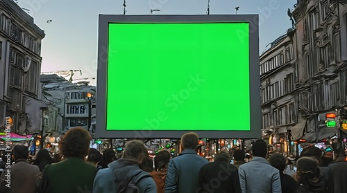 Commercial Display Mockup: Green Screen Billboard with Crowd in the City