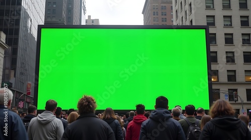 Commercial Display Mockup: Green Screen Billboard with Crowd in the City