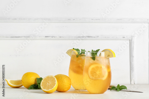 Glasses of lemon ice tea wi...