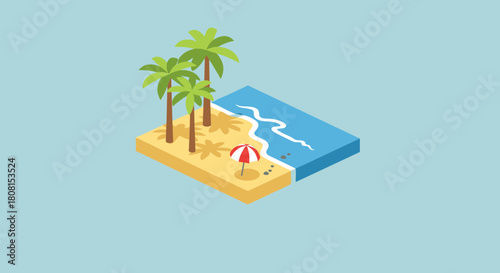 Escape to Paradise Getaway Isometric Beach with Palm Trees & Umbrella for Summer Vacation Vibes, Travel Dreams, Tropical Relaxation and Island Life Style