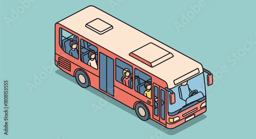 Isometric bus with passengers and driver, ideal for transportation themes, urban planning visuals, or city infographics, creating a modern and efficient vibe