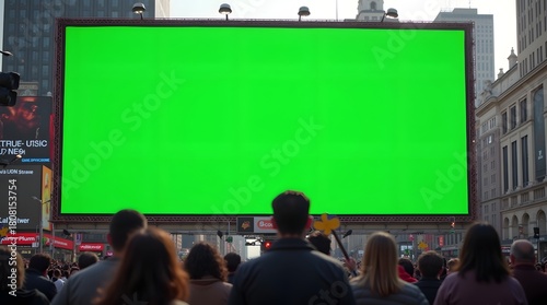 Commercial Display Mockup: Green Screen Billboard with Crowd in the City