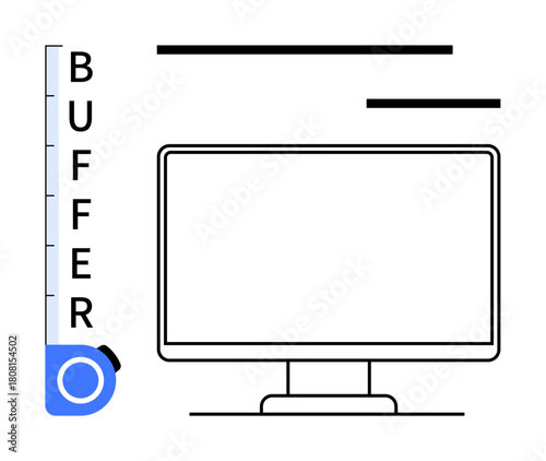 Computer monitor beside a vertical loading bar labeled Buffer with progress visualized. Ideal for data, technology, performance, software update, optimization, loading speed, simple flat metaphor