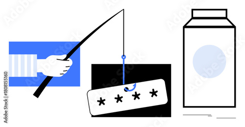 Hand with fishing rod capturing password tag highlights data security threat. Packaging box adds symbolism. Ideal for cybersecurity, hacking warning, phishing awareness, data theft, fraud prevention