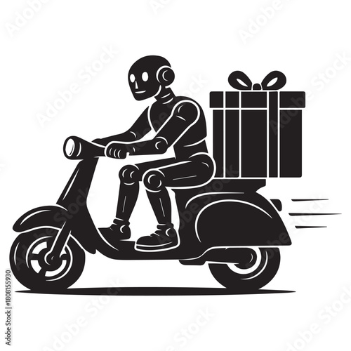 Robot delivering a gift on a scooter, black and white illustration.