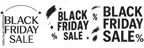 Black Friday Sale promotional graphics with stars and brush strokes.