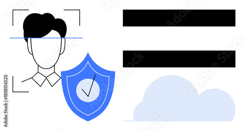 Facial recognition scan with biometric security shield and cloud storage symbols. Ideal for identity security, data protection, cloud technology, authentication, privacy, cybersecurity, innovation