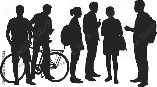 Silhouette of young people standing, using smartphones, holding bicycle, wearing backpacks, casual urban lifestyle, modern technology, social interaction, outdoor scene