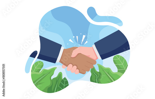 Conceptual flat vector illustration of a diverse business partnership agreement, symbolizing cooperation and a successful deal with a firm handshake