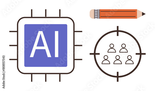 AI chip with bold letters, human figures in crosshairs, and pencil conveying creativity and innovation. Ideal for AI, technology, targeting, creativity, precision data and strategy. Simple flat