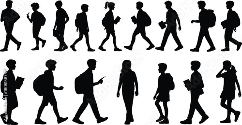 Silhouette students walking, carrying backpacks, holding books, interacting in school environment, educational vector illustration, black figures on white background, academic concept
