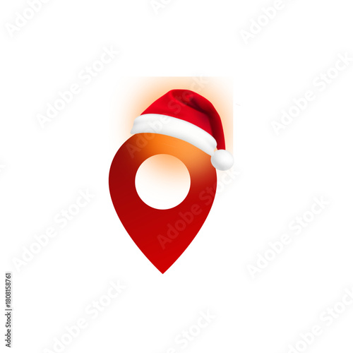 Red map pointer or location pin icon wearing a Santa Claus hat, symbolizing a festive location.