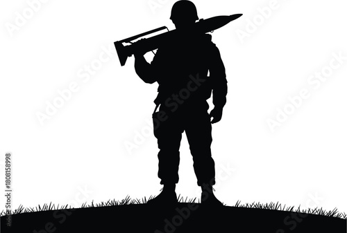 Silhouette vector illustration of a soldier holding rocket launcher on shoulder, standing on ground, military combat concept for defense, army and war design.