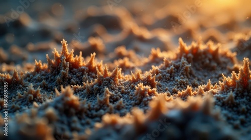 Golden Hour Sandcastle Microcosm A Detailed Close-Up of Intricate Sand Formations Illuminated by Warm Sunlight