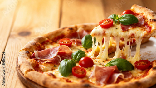 A freshly baked pizza with melted cheese, ham, cherry tomatoes, and basil leaves, served on a wooden surface with a slice being lifted to show stretchy cheese.