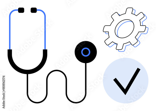Stethoscope, gear, and checkmark symbolizing healthcare, diagnostics, innovation, approval, and reliability. Ideal for medical, technology health services analytics approvals progress