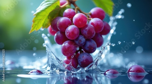 Refreshing Cluster of Red Grapes Splashing into Clear Water, a Vivid and Delicious Image Representing the Essence of Summer's Bounty and the Joy of Freshness