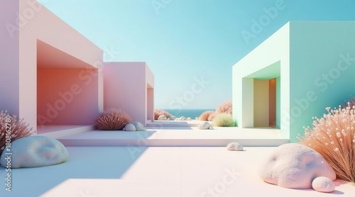 Pastel-colored minimalist architecture near ocean view with decorative plants and stones