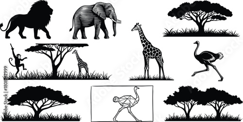 African wildlife animals and acacia tree silhouettes vector set featuring lion, elephant, giraffe, monkey, ostrich and savanna landscape elements for safari nature themes