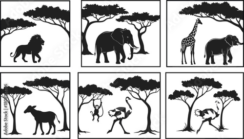 African wildlife safari vector illustration set with lion, elephant, giraffe, zebra, monkey, ostrich and savanna trees, isolated silhouettes for nature, travel and conservation themes