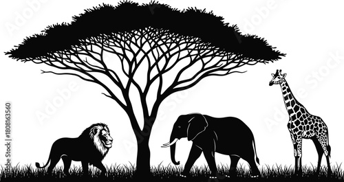 African wildlife vector illustration showing lion, elephant, and giraffe under large acacia tree, detailed savanna landscape silhouette design for nature, safari, conservation themes