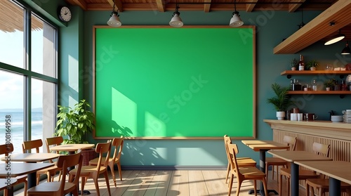 Commercial Display Mockup: Green Screen Board in the Minimalist Room near Beach