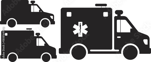 Ambulance silhouette vector illustration, emergency medical vehicle icon, rescue transport graphic, paramedic car design, hospital healthcare service element, isolated ambulance symbol clipart