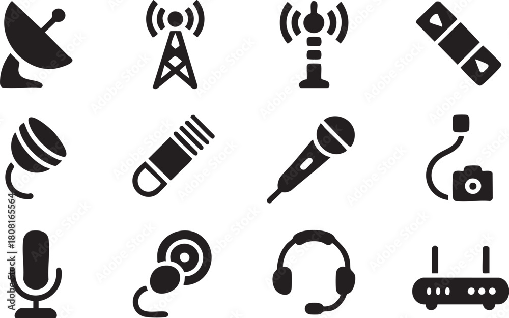 Fototapeta premium Communication and media icons set, including antenna, microphone