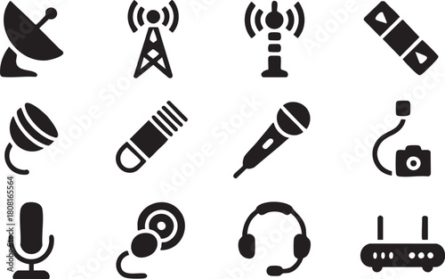 Communication and media icons set, including antenna, microphone