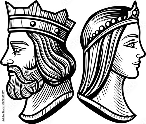 Royal king and queen portraits in vintage engraving medieval monarchs profile illustrations, crown and tiara detailed line art
