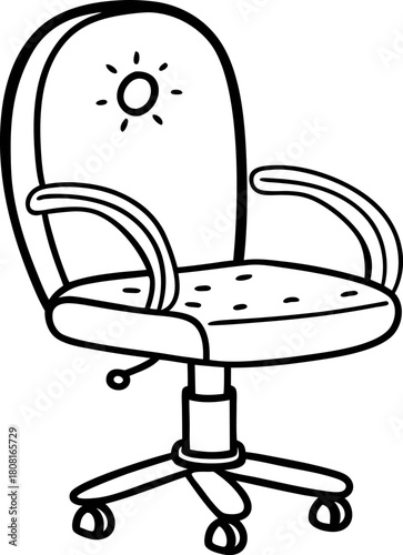 Modern ergonomic office chair with armrests and rolling wheels, contour line illustration for workspace and comfort concepts