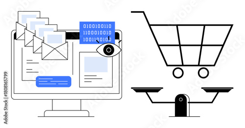 Computer screen with emails, binary code, eye symbol, shopping cart, and balance scale. Ideal for privacy, data monitoring, cybersecurity justice e-commerce ethics surveillance. Simplistic flat