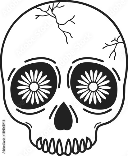 Human skull illustration with floral eye patterns and cracks on cranium black and white decorative skeleton head, halloween concept