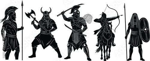 Ancient warrior vector illustration with Greek soldier, Viking fighter, medieval knight, archer on horseback, and Egyptian guard silhouette, historical battle design elements